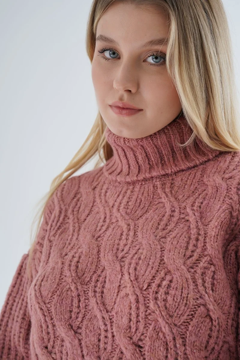 Trist Star Women's Rose Dusty Oversize Turtleneck Selanik Hair Knitted Wool Special Yarn Knitwear Knitted Sweater TRIST-6163