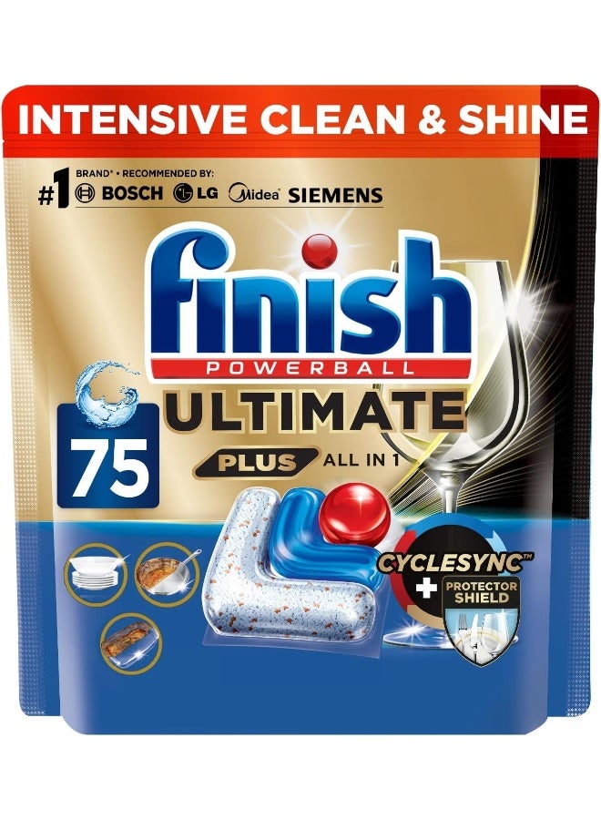 Finish Powerball Ultimate Plus, Infinity Shine Dishwasher Detergent Tablet, Lemon Fragrance, No Pre-Rinse Needed, Cyclesync & Protector Shield, 75 Tabs - Image 1