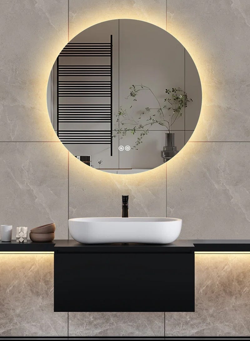 Frameless Tri-Color Backlit LED Round Mirror 70CM Bathroom Vanity Mirror Dimmable Wall Mounted Makeup Mirror Large Anti-Fog Lighted Makeup Circle Mirror with Memory Function