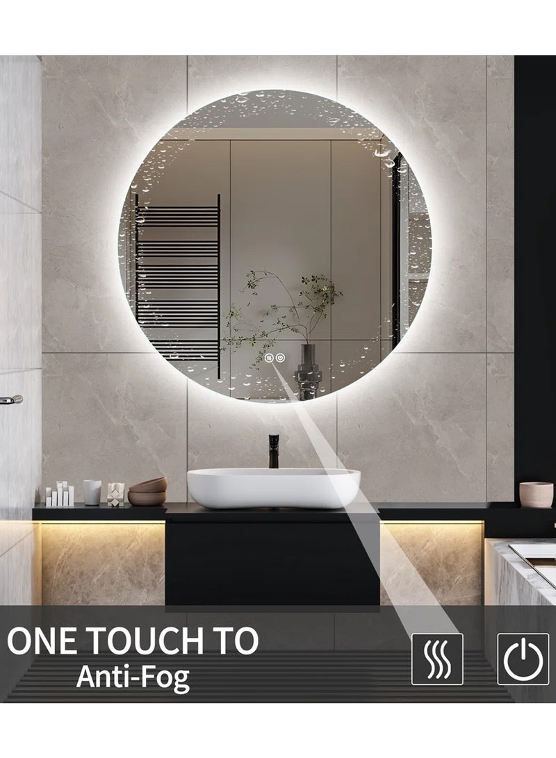 Frameless Tri-Color Backlit LED Round Mirror 70CM Bathroom Vanity Mirror Dimmable Wall Mounted Makeup Mirror Large Anti-Fog Lighted Makeup Circle Mirror with Memory Function