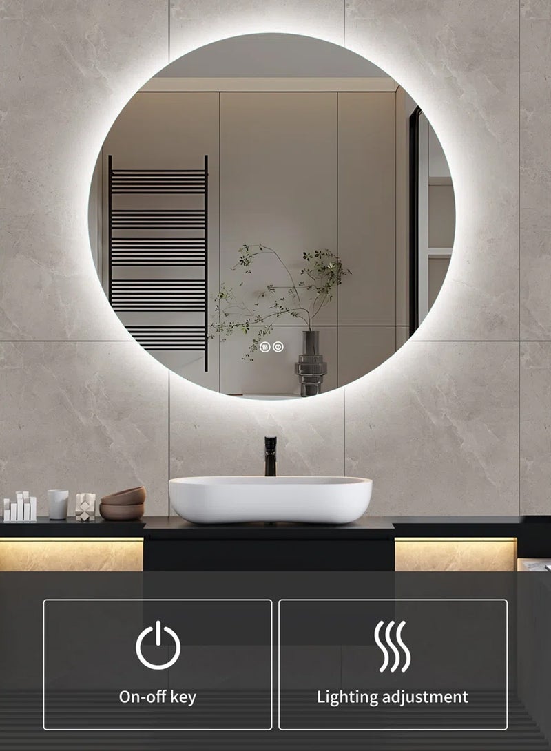 Frameless Tri-Color Backlit LED Round Mirror 70CM Bathroom Vanity Mirror Dimmable Wall Mounted Makeup Mirror Large Anti-Fog Lighted Makeup Circle Mirror with Memory Function