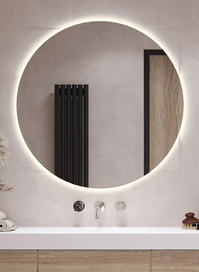 Frameless Tri-Color Backlit LED Round Mirror 70CM Bathroom Vanity Mirror Dimmable Wall Mounted Makeup Mirror Large Anti-Fog Lighted Makeup Circle Mirror with Memory Function