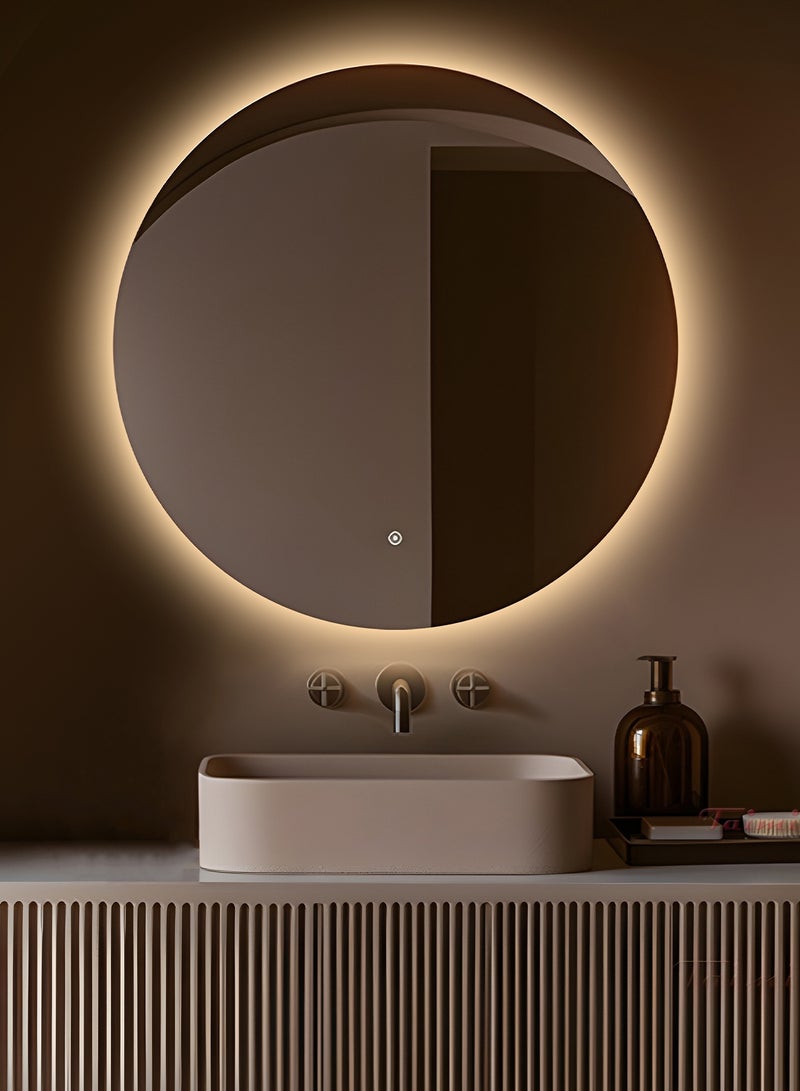 Frameless Tri-Color Backlit LED Round Mirror 70CM Bathroom Vanity Mirror Dimmable Wall Mounted Makeup Mirror Large Anti-Fog Lighted Makeup Circle Mirror with Memory Function