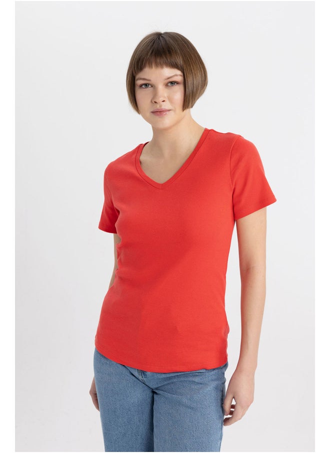 DeFacto - Woman Slim Fit V Neck Knitted Short Sleeve T-Shirt - Image 1