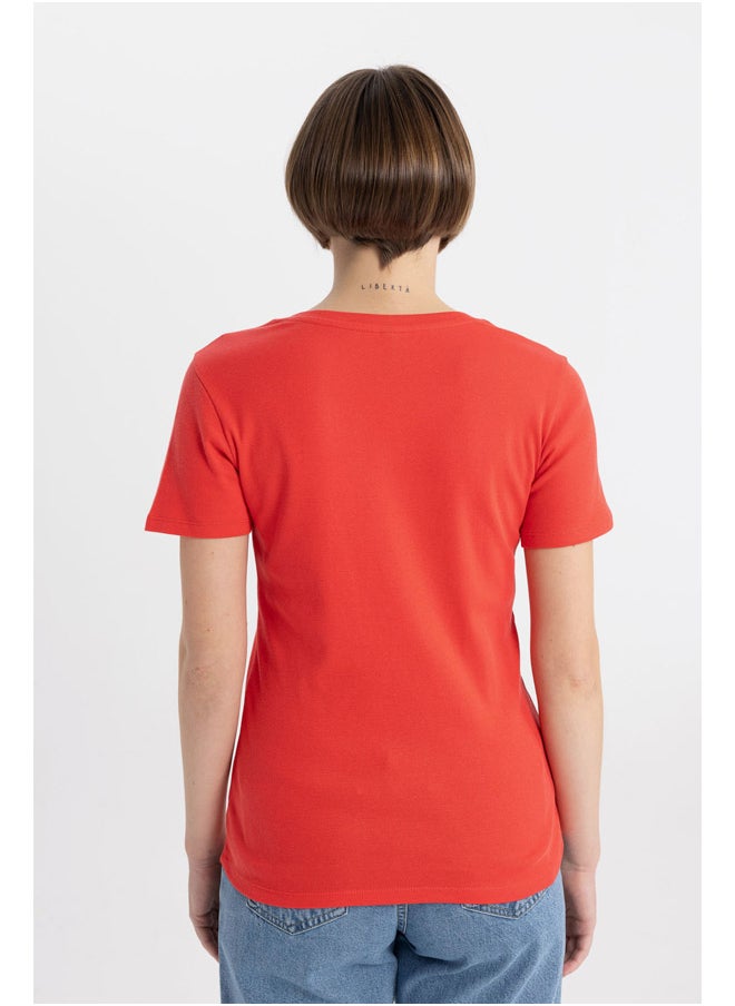 DeFacto - Woman Slim Fit V Neck Knitted Short Sleeve T-Shirt - Image 1