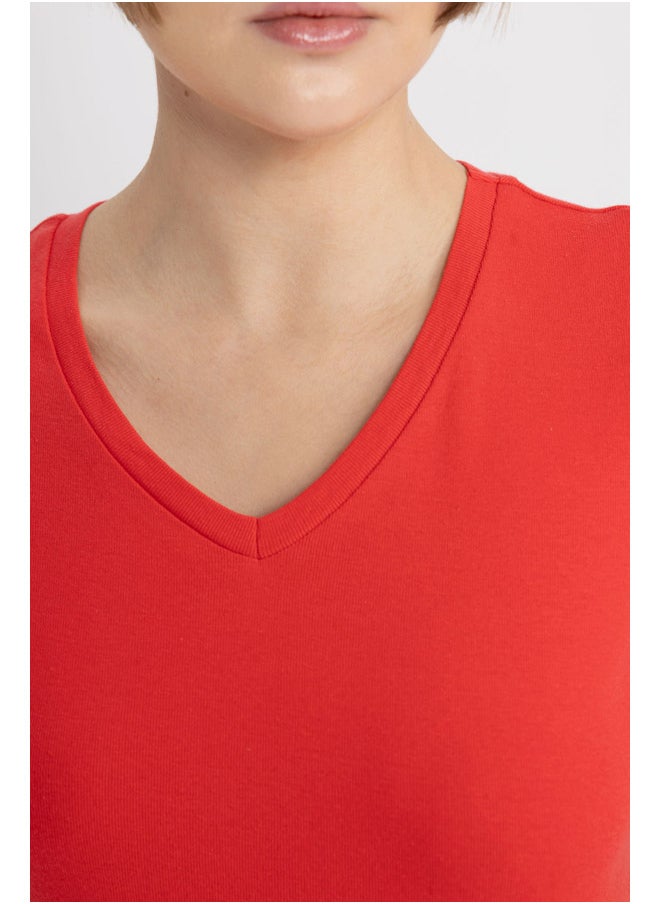DeFacto - Woman Slim Fit V Neck Knitted Short Sleeve T-Shirt - Image 1