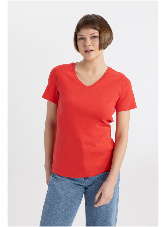 DeFacto - Woman Slim Fit V Neck Knitted Short Sleeve T-Shirt - Image 1