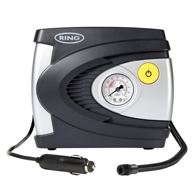 Ring Ring Automotive RAC610 12v electric tyre inflator air compressor car pump with pressure gauge and valve adaptors for car, motorbike, bike, ball and inflatables  - Image 1