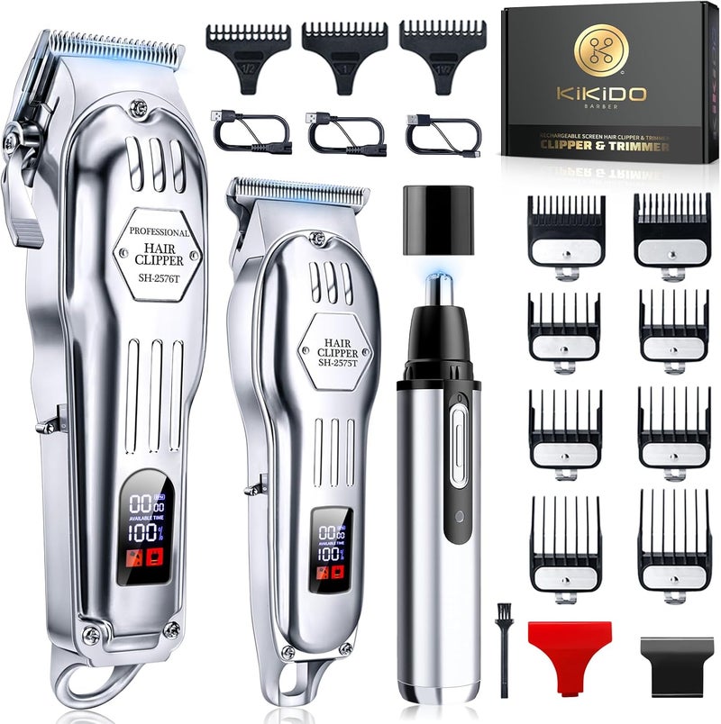 KIKIDO Professional Mens Hair Clippers Cordless Barber Clippers and Trimmers Set Nose Hair Beard Trimmer Hair Cutting Machine Haircut Grooming Kit Sliver3