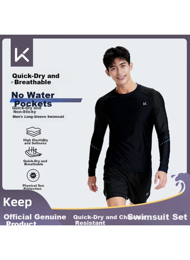 Keep Men's Swimwear Set Double-layer Swim Shorts Sun Protection Anti-embarrassment Professional Swimming Gear Full Black Set Xxl - Image 1