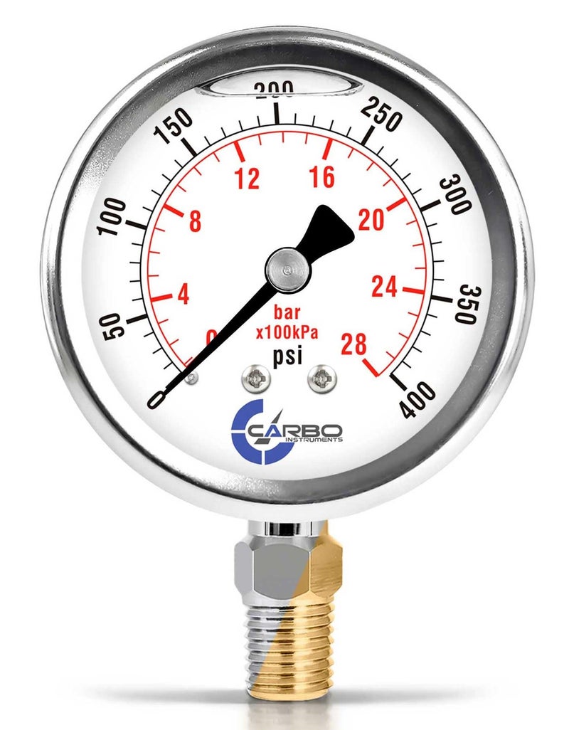 CARBO Instruments Stainless Steel Pressure Gauge Dual Display (0-400 psi/kPa) - 2 1-2" Glycerine Liquid Filled Water Air Oil Gas Gauge with Polycarbonate Lens & Brass Connection - 1/4" NPT Lower Mount - Image 1