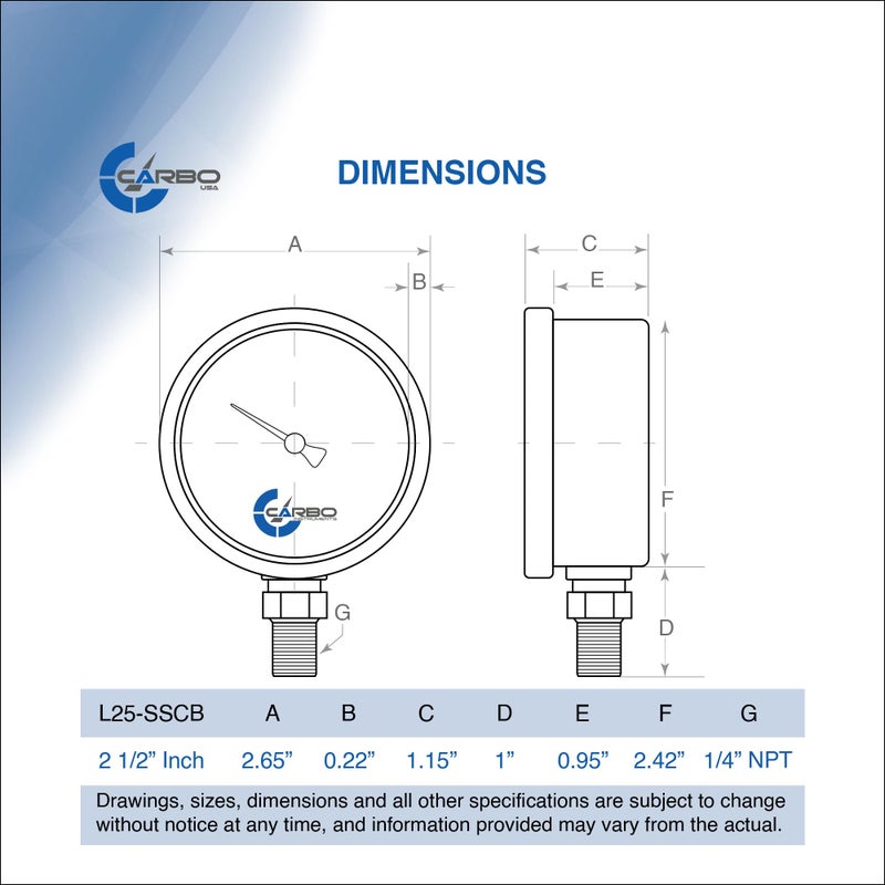CARBO Instruments Stainless Steel Pressure Gauge Dual Display (0-400 psi/kPa) - 2 1-2" Glycerine Liquid Filled Water Air Oil Gas Gauge with Polycarbonate Lens & Brass Connection - 1/4" NPT Lower Mount - Image 3