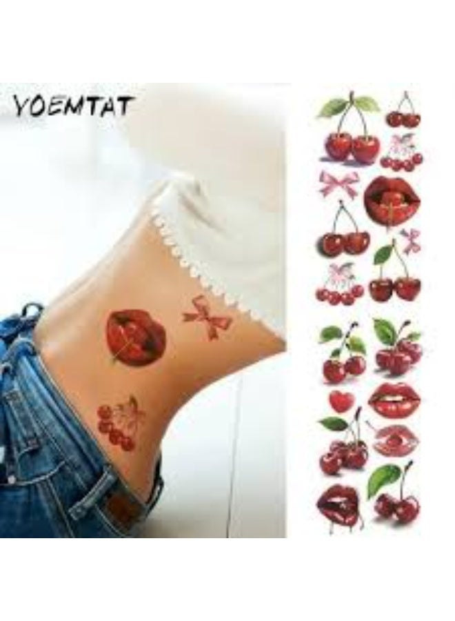 2شيت تاتو مؤقت مقاوم للماء – ملصقات وشم للشفاه والكرز والفيونكات بتصاميم لطيفة وعصرية، مناسبة للجسم والوجه للنساء والرجال - Image 4