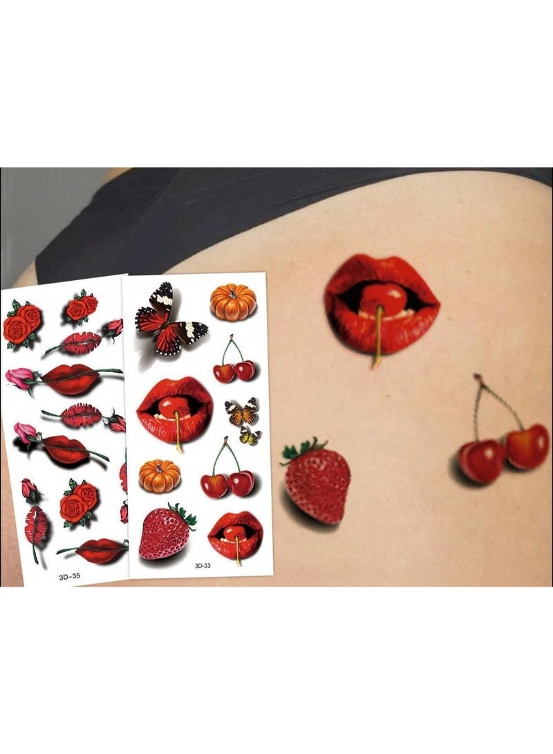 2شيت تاتو مؤقت مقاوم للماء – ملصقات وشم للشفاه والكرز والفيونكات بتصاميم لطيفة وعصرية، مناسبة للجسم والوجه للنساء والرجال - Image 1