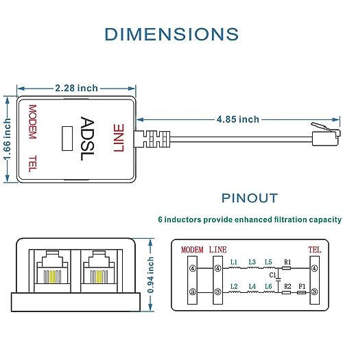 NECABLES DSL Filter Splitter for Phone Line and Modem 6 Inductors Version RJ11 6P2C 1 Male to 2 Females White - Image 4