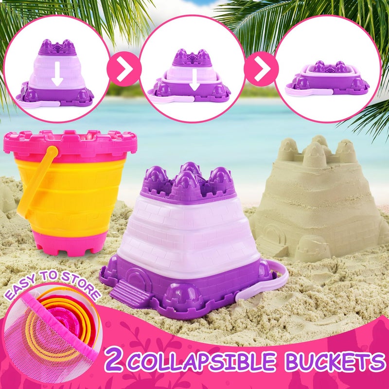 Elovien Beach Sand Toys  50Pcs Sandbox Toys With 2 Collapsible Buckets  Mesh Backpack Bag  Shovels  Ice Cream  Cake & Castle Sand Molds  Summer Outdoor Travel Toys For Kids Toddlers Girls - Image 2
