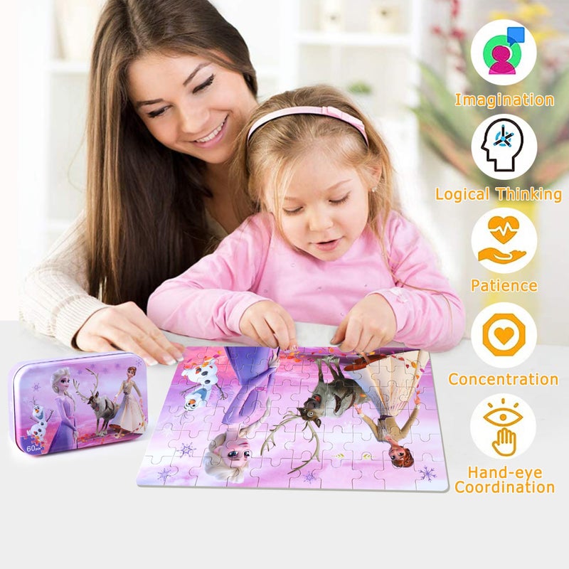 LELEMON Pretty Puzzles for Kids Ages 4-6, Snowmen 60 Piece Puzzles for Kids Ages 4-8,Children Jigsaw Puzzles in a Metal Box,Educational Learning Puzzle Toys for Girls and Boys - Image 3