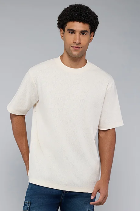أر أند بي Textured T-Shirt with Crew Neck and Short Sleeves