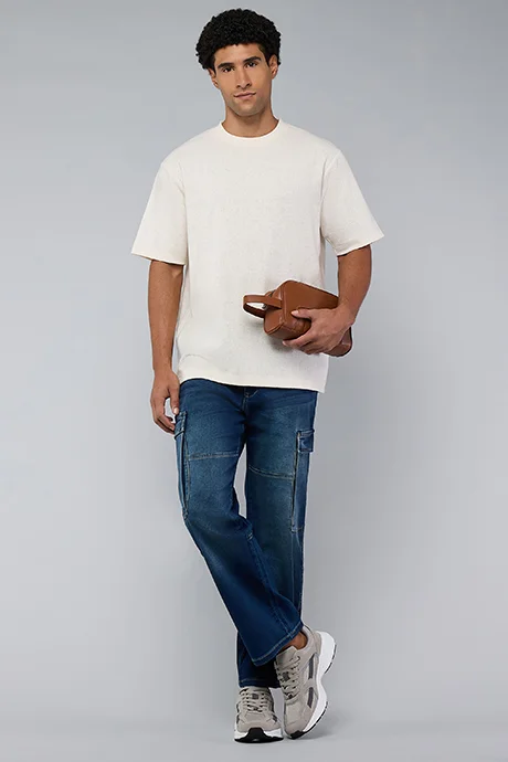 أر أند بي Textured T-Shirt with Crew Neck and Short Sleeves