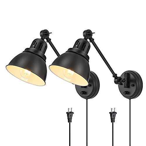 GOODATE Plug in Wall Sconces Set of 2, ENCOMLI Wall Sconce Lighting with Dimmable On Off Switch, Swing Arm Wall Lamp, Black Metal Industrial Wall Light Fixtures, Safety E26 Base, 6FT Plug in Cord - Image 1
