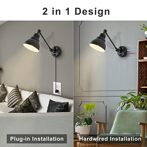 GOODATE Plug in Wall Sconces Set of 2, ENCOMLI Wall Sconce Lighting with Dimmable On Off Switch, Swing Arm Wall Lamp, Black Metal Industrial Wall Light Fixtures, Safety E26 Base, 6FT Plug in Cord - Image 5