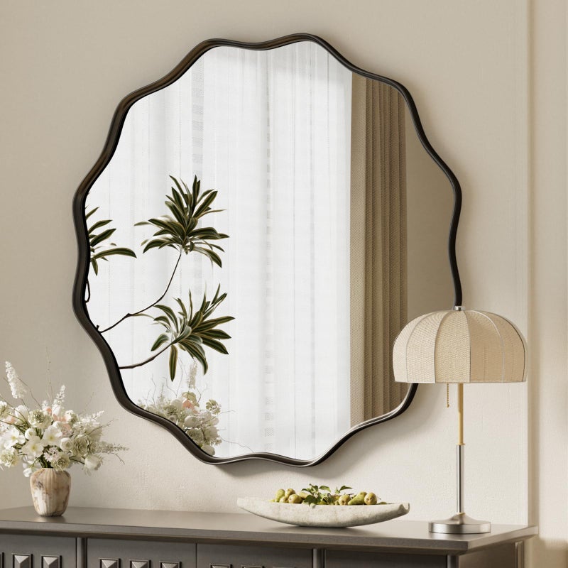 VooBang Black Scalloped Circle Mirror, 30" Wavy Edge Round Wall Mirror with Tempered Glass Textured Circular Metal Deep Frame, Hanging Leaning for Bathroom, Hallway, Entryway, Livng Room - Image 1