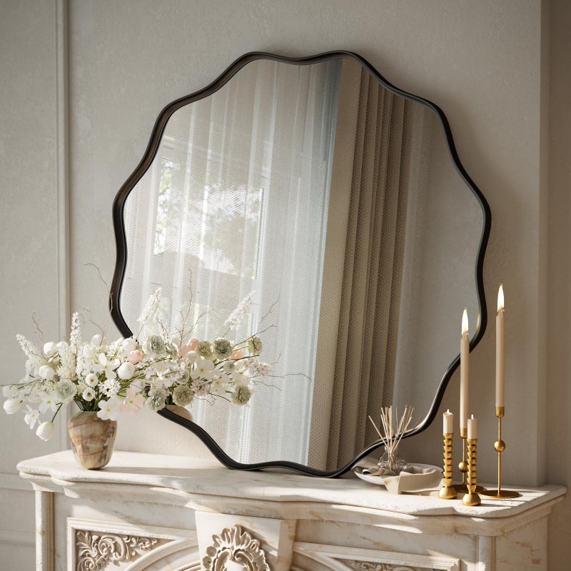 VooBang Black Scalloped Circle Mirror, 30" Wavy Edge Round Wall Mirror with Tempered Glass Textured Circular Metal Deep Frame, Hanging Leaning for Bathroom, Hallway, Entryway, Livng Room - Image 2