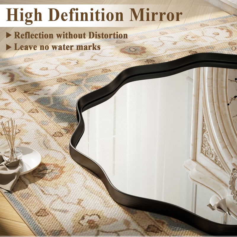 VooBang Black Scalloped Circle Mirror, 30" Wavy Edge Round Wall Mirror with Tempered Glass Textured Circular Metal Deep Frame, Hanging Leaning for Bathroom, Hallway, Entryway, Livng Room - Image 3