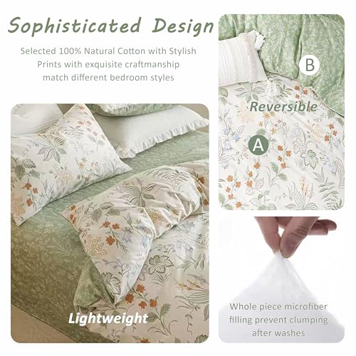 ALEISSEL Natural Cotton 3pcs Botanical Comforter Sets Queen Size-Green Comforter with Red & Blue Flowers,Gray Leaves on Off-White, Reversible Lightweight Bedding Sets(Full/Queen) - Image 3