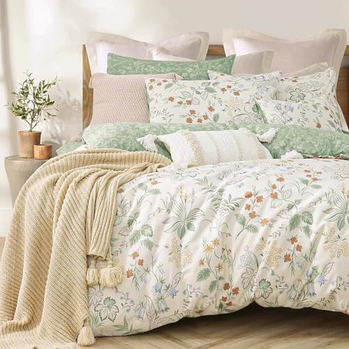 ALEISSEL Natural Cotton 3pcs Botanical Comforter Sets Queen Size-Green Comforter with Red & Blue Flowers,Gray Leaves on Off-White, Reversible Lightweight Bedding Sets(Full/Queen) - Image 1