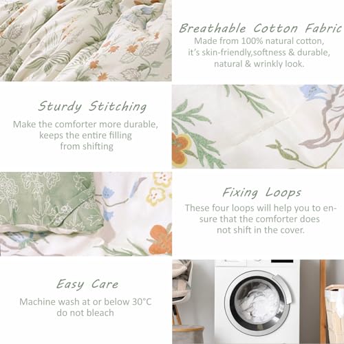 ALEISSEL Natural Cotton 3pcs Botanical Comforter Sets Queen Size-Green Comforter with Red & Blue Flowers,Gray Leaves on Off-White, Reversible Lightweight Bedding Sets(Full/Queen) - Image 5