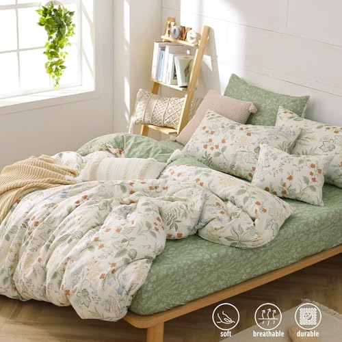 ALEISSEL Natural Cotton 3pcs Botanical Comforter Sets Queen Size-Green Comforter with Red & Blue Flowers,Gray Leaves on Off-White, Reversible Lightweight Bedding Sets(Full/Queen) - Image 2