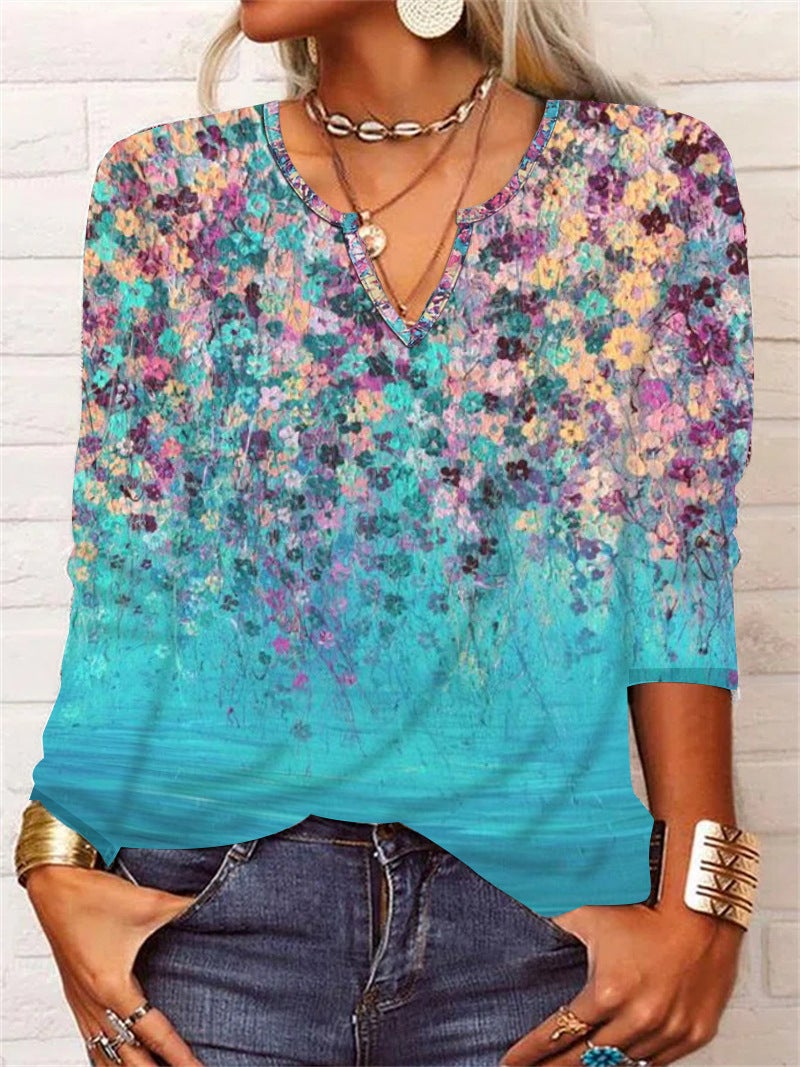 2025 Spring Loose Long Sleeve Flower Mang V-neck T-shirt Base Shirt Women's Wear - Image 1