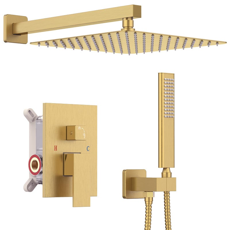 Iriber Brushed Gold Rain Shower System with 10 Inch Shower Head and Handheld Bathroom Wall Mounted Shower Set Contain Shower Faucet Mixer and Trim Kit Valve Included