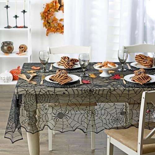 DII Black Lace Overlay Tabletop Collection Gothic Halloween Decor, Tablecloth, 54x72, Spider Web - Image 2