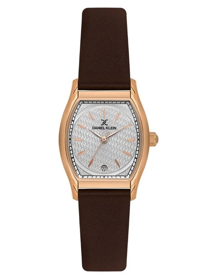 DANIEL KLEIN Women's Leather Rose Gold Alloy Case Analog Silver Barrel Sunray Dial Japanese Quartz Premium 50 Meters Water Resistant
