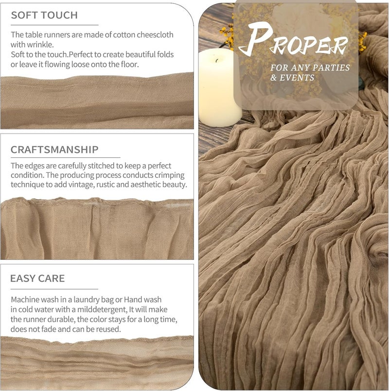YMHPRIDE 2 Packs Cheesecloth Table Runner Nude, 90x300cm Brown Rustic Gauze Fabric Boho Table Runner, Cheesecloth Wedding Table Decor for Wedding Party Bridal Shower Table Decorations - Image 3