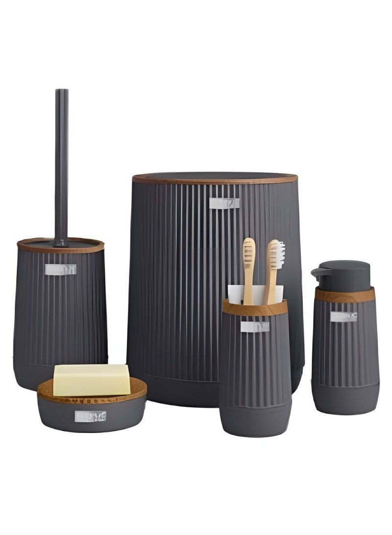 Okyanus 5 piece wooden head plastic bathroom accessories set includes toilet brush liquid soap dispenser trash bin toothbrush & toothpaste holder soap dish durable bathroom organizer kit grey - Image 1