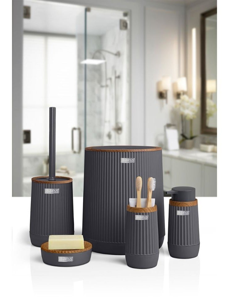 Okyanus 5 piece wooden head plastic bathroom accessories set includes toilet brush liquid soap dispenser trash bin toothbrush & toothpaste holder soap dish durable bathroom organizer kit grey - Image 2