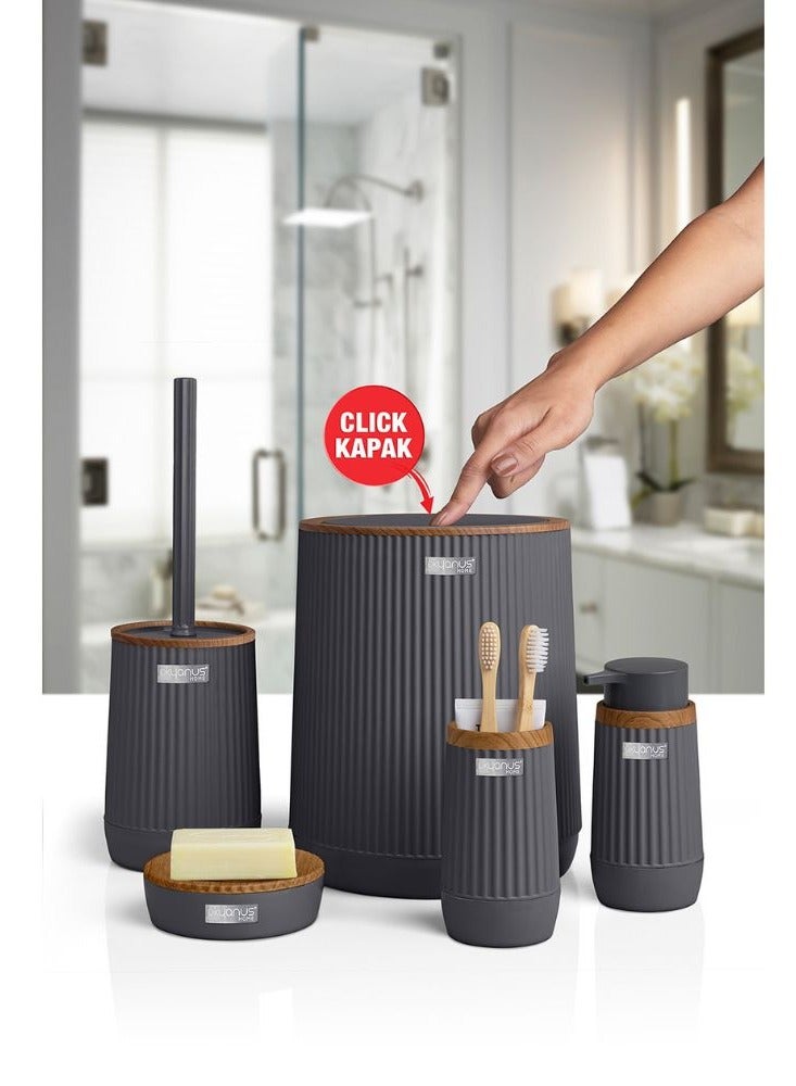 Okyanus 5 piece wooden head plastic bathroom accessories set includes toilet brush liquid soap dispenser trash bin toothbrush & toothpaste holder soap dish durable bathroom organizer kit grey - Image 5