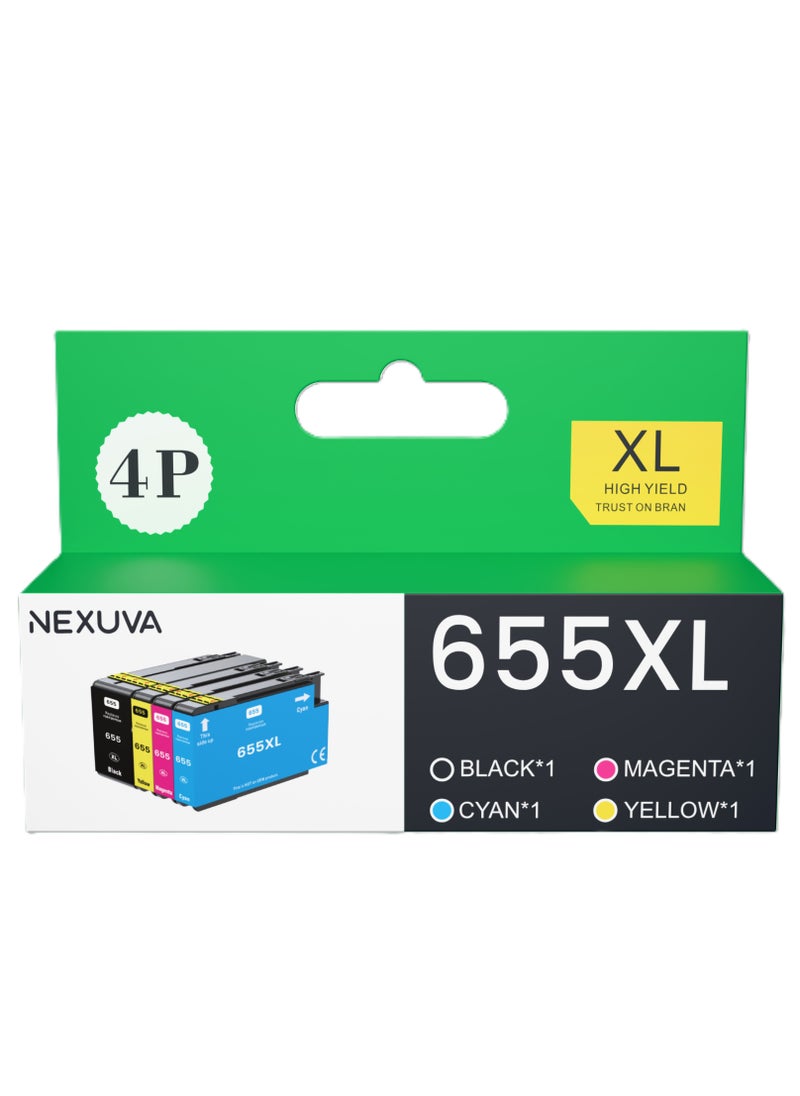 NEXUVA NEXUVA 655XL Ink Cartridges, Compatible with HP Deskjet 3525 4615 4625 5525 6525 Printers, 4-Pack (Black, Cyan, Magenta, Yellow)  - Image 1