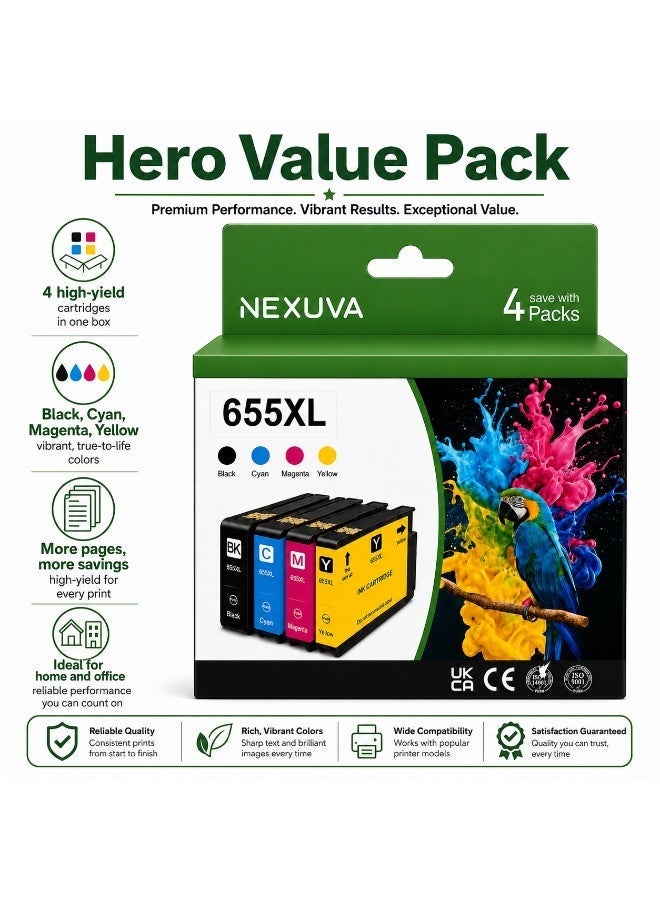 نيكسوفا خراطيش حبر NEXUVA 655XL متوافقة مع طابعات HP Deskjet 3525 4615 4625 5525 6525، عبوة 4 قطع: أسود، سماوي، أرجواني، أصفر. - Image 3