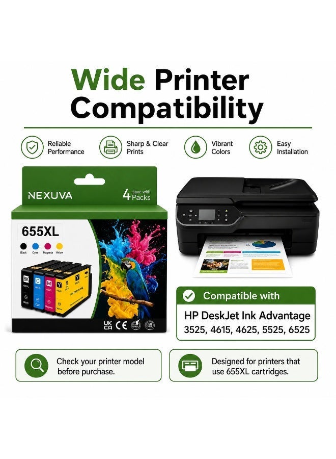 نيكسوفا خراطيش حبر NEXUVA 655XL متوافقة مع طابعات HP Deskjet 3525 4615 4625 5525 6525، عبوة 4 قطع: أسود، سماوي، أرجواني، أصفر. - Image 2
