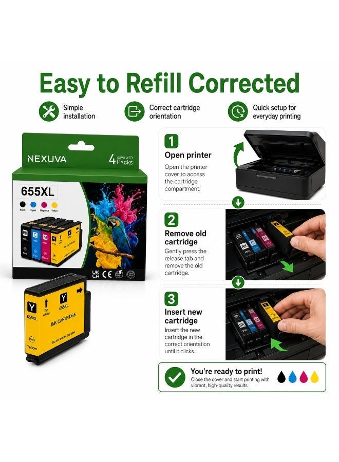 نيكسوفا خراطيش حبر NEXUVA 655XL متوافقة مع طابعات HP Deskjet 3525 4615 4625 5525 6525، عبوة 4 قطع: أسود، سماوي، أرجواني، أصفر. - Image 5