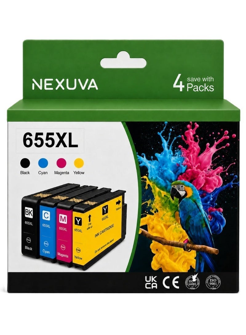 نيكسوفا خراطيش حبر NEXUVA 655XL متوافقة مع طابعات HP Deskjet 3525 4615 4625 5525 6525، عبوة 4 قطع: أسود، سماوي، أرجواني، أصفر. - Image 1