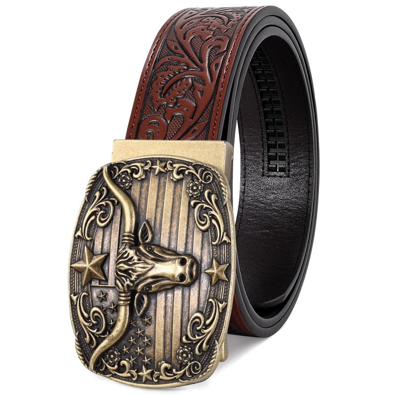 SANSTHS Western Cowboy Ratchet Belts for Men Women Leather Cowboy Belt with Automatic Western Buckle for Christmas Gifts, Golden Bull/Coffee - Image 1
