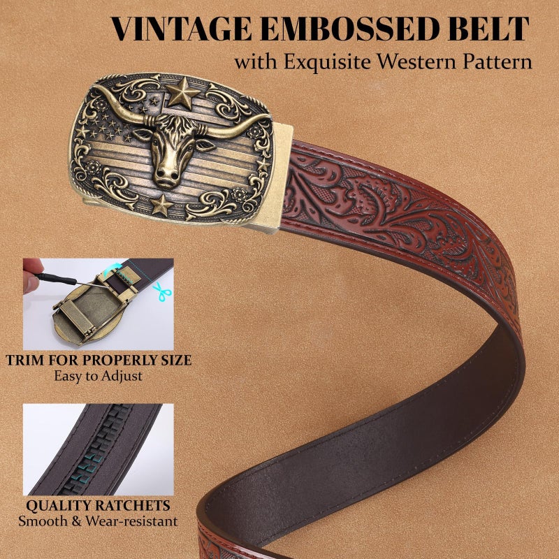 SANSTHS Western Cowboy Ratchet Belts for Men Women Leather Cowboy Belt with Automatic Western Buckle for Christmas Gifts, Golden Bull/Coffee - Image 5