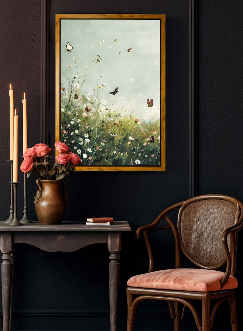 لوحة كانفاس على إطار خشبي بإطار خارجي باللون الخشبي وتصميم كلاسيكي لفراشات تحلق وسط الزهور - Image 1
