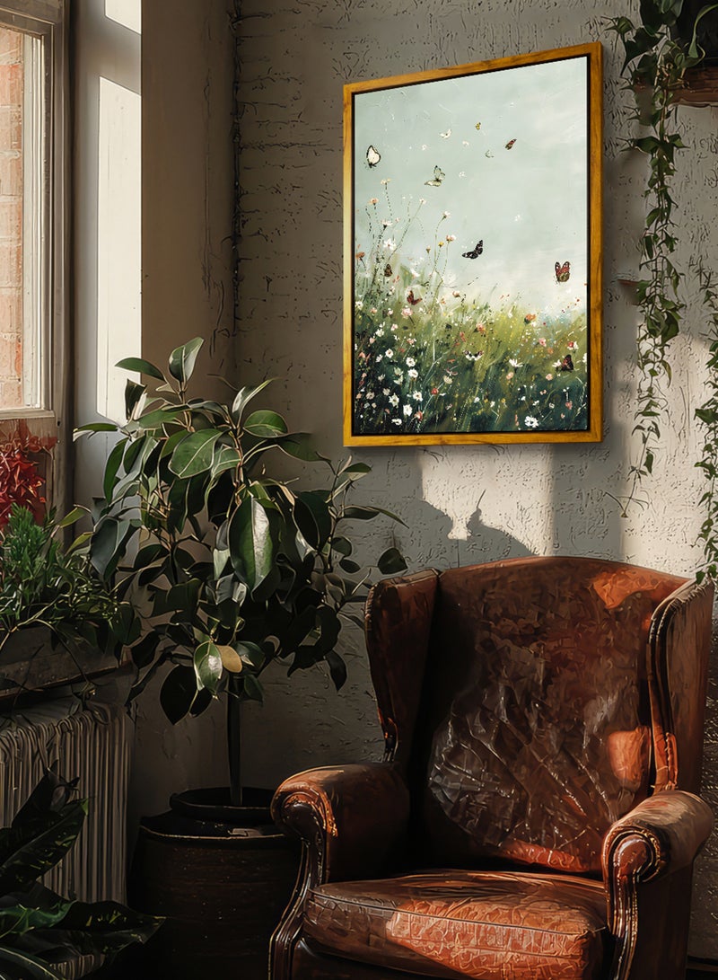 لوحة كانفاس على إطار خشبي بإطار خارجي باللون الخشبي وتصميم كلاسيكي لفراشات تحلق وسط الزهور - Image 2