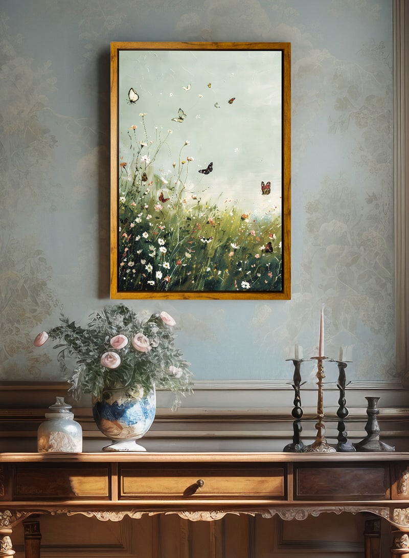 لوحة كانفاس على إطار خشبي بإطار خارجي باللون الخشبي وتصميم كلاسيكي لفراشات تحلق وسط الزهور - Image 3